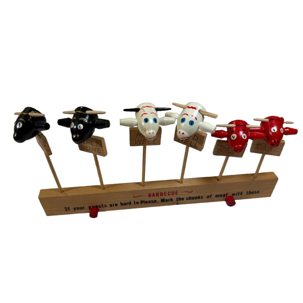 Vintage Wooden BBQ Steak Meat Markers Set of 6 Bulls Cows MCM Kitsch Holder
